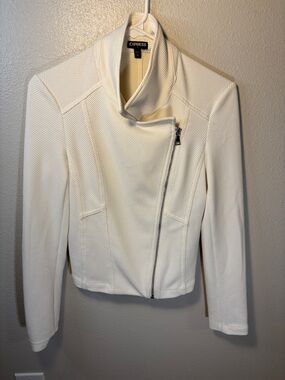 Express Off-White Textured Asymmetrical Zip Moto Jacket